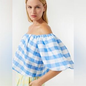 RHODE Sima Off-shoulder Linen Top Blue White Toulouse Gingham Grande Size M